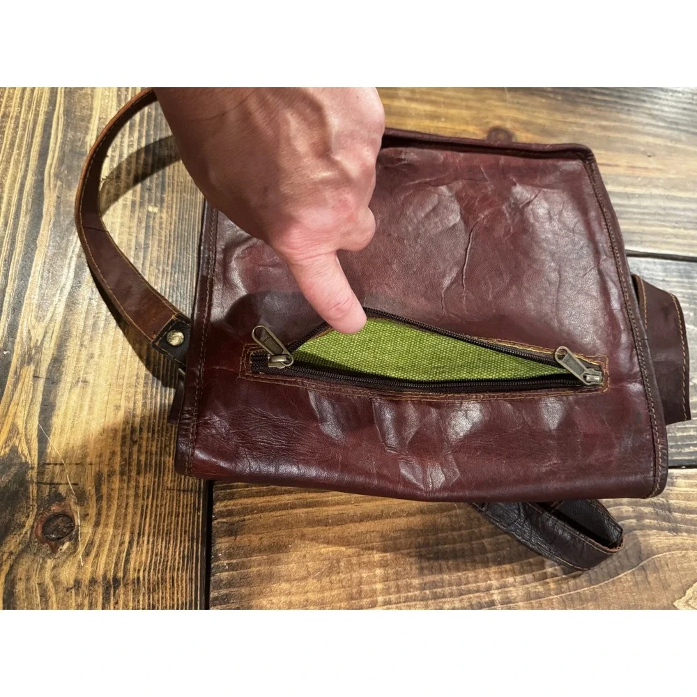 Brown Leather Messenger Bag Satchel Crossbody Distressed Brown Lime Green Lining